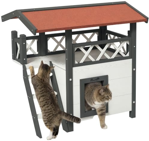 PawHut Casetta per Gatti da Esterno in Legno 77x50x73cm Bianco e Grigio | con Terrazza e Scaletta, Tetto, Cuccia per Gatti e Piccoli Animali