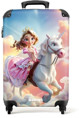 NoBoringSuitcases© Kinderkoffer, Kinderkoffer Mädchen, Koffer Kinder | 55x40x20 cm - Mädchen, Reisetasche Mit Rollen, Suitcase, Koffer Mädchen, Handgepäck Koffer (Prinzessin, Einhorn - Rosa-Weiß)