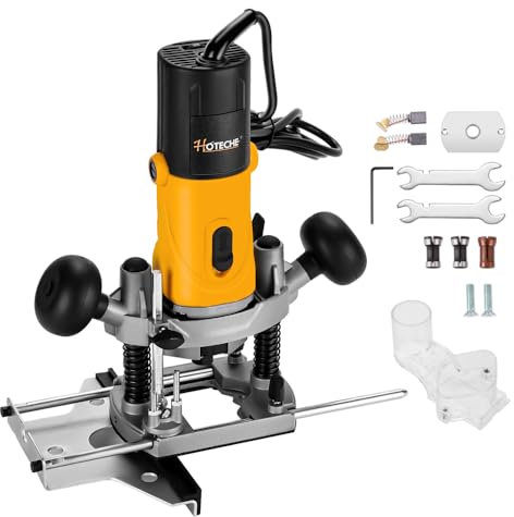 Hoteche Fresatrice da 850 W con profondità di lavoro massima di 30 mm – Fresa elettrica per legno con motore a filo di rame, 11500 – 3200 giri/min, foro di serraggio da 6 mm, piastra di base in