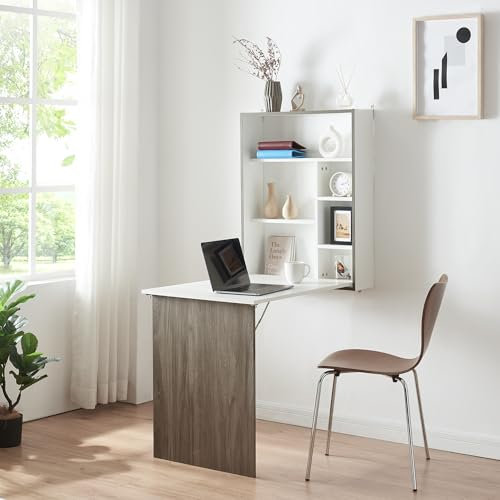 [en.casa] Escritorio Plegable Greve de Pared con Estante Mesa Plegable de Instalación Mural Mesa de Cocina Despacho Oficina Aglomerado - Blanco/Efecto Madera