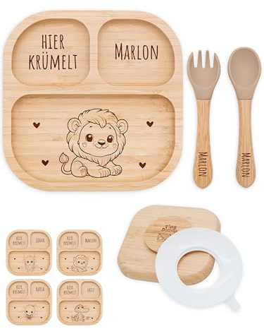 Bärenfreunde - Personalisierter Baby Teller mit Saugnapf - Praktisches Beikost Zubehör Säugling mit Namen - Kinder Teller Rutschfest - Personalisierte Geschenke Baby (Löwe)