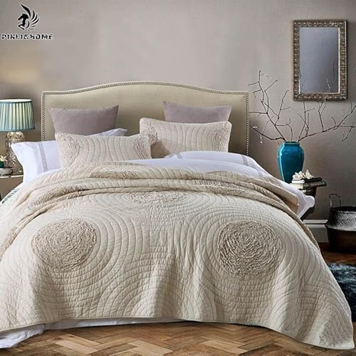 Luxuriöses Tagesdecken-Set aus Baumwolle, für Super-King-Size-Bett, Doppelbett, 3-teilig, für alle Jahreszeiten, 240 x 260 cm, Weiß/Beige