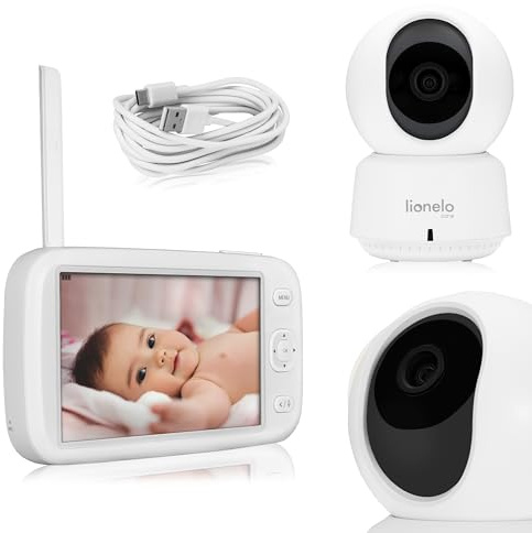 LIONELO Babyline 9.1 Hybrid Babyvakt Full HD med 5″ Skärm | 360° Roterbar Kamera med Spårning | Appstyrning utan Räckviddsgräns | VOX, Smarta Notiser, Temperatur- och Fuktsensor | Tvåvägsljud | Vit