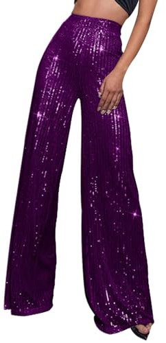 Generisch Glitzer Hose Damen lang Pailettenhose - Weites Bein Hose Elastische Taille Lose Fit Glitzerhosen Elegant Freizeithose High Waist Palazzo Party Outfit Festival Club Hosen