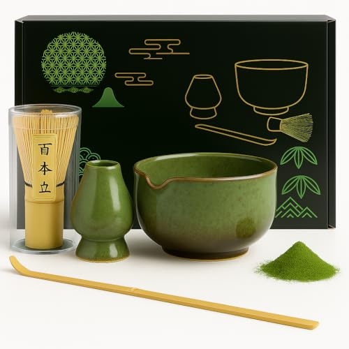 4Pcs Matcha Whisk Set Matcha Bowl Kit Elegant Japanese Matcha Tea Set Includes 500ml Ceramic Bowl, Bamboo Whisk and Holder, Scoop Matcha Making Kit for Tea Lovers (Green)