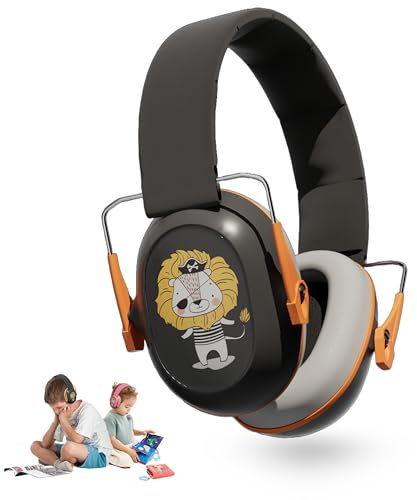 Naciya & Co Casque Anti-Bruit Enfant – Réduction -25dB | Design Lion Mignon | Coussinets Doux, Sans BPA, Certifié CE EN352 | Sac de Rangement Offert et Personnalisable avec le Prénom - noir