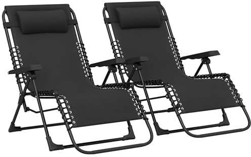 Outsunny Lot de 2 Bain de Soleil, Chaise Longue Pliante avec appuie-tête en textilène, transat Jardin extérieur inclinable de Plage Camping Piscine terrasse, 90 x 65 x 112 cm, Noir