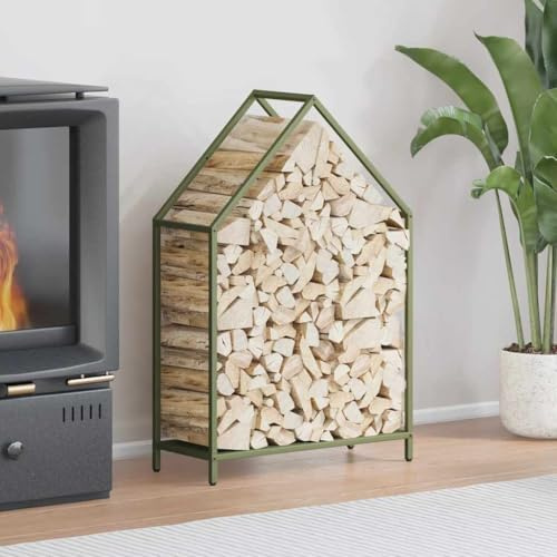 Brokky 864310 Firewood Rack Olive Green 60x25x90 cm Cold-rolled steel Firewood Holders Indoor Wood Stove Outdoor Fireplace Heavy Duty Wood Stacking Wood Storage Kit for Fireplace Tool