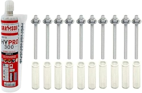 Schwerlast-Befestigungsset mit ZULASSUNG : 10x 10x130mm Ankerstangen A4 + 1x Liquix Pro 1 + 10x 16x85mm Siebhülsen, Montagesets M6-M16 (Edelstahl A4, M10 x 130mm)