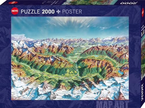 HEYE Puzzle 2000 Teile für Erwachsene „Alpine Mountain World“ | Historische Bergpanoramakarte von H.C. Berann mit Südtiroler Ahrntal & imposanten Alpengipfeln, 97 x 69 cm
