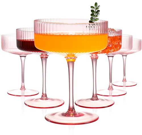 FERAHI 6 Pcs Ribbed Coupe Glasses, 10 oz Pink Martini Glasses Set, Cute Espresso Martini Glass & Champagne Coupe Glass, Elegant Bar Glassware for Cocktails, Wine, Outdoor Entertaining & Gifts