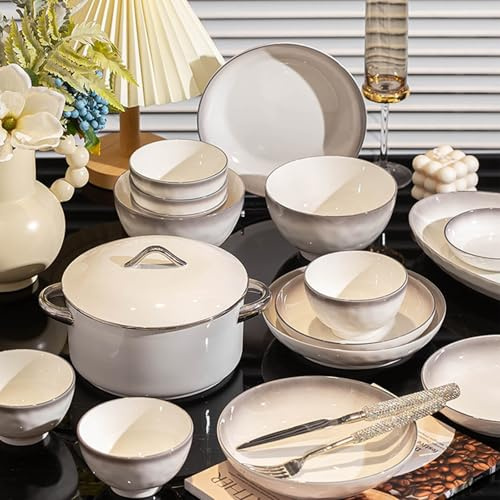Geschirrset Weiß Tafelservice 12 Personen Modern Schüssel- Und Teller-Set Servierteller Groß Salatschälchen Vintage Geschirr Keramik-Geschirr Service Mikrowellen- Und Spülmaschinenfest(20pcs)