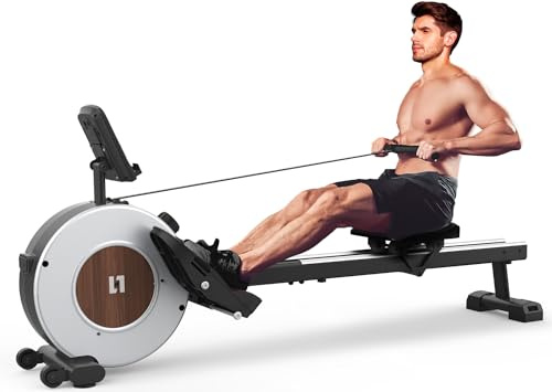 Máquina de remo para gimnasio en casa, máquina de remo magnética con resistencia ajustable de 16 niveles, monitor LCD, rieles deslizantes dobles mejorados, almacenamiento vertical que ahorra espacio