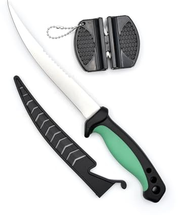 NAMAKA Kit Coltello da Pesca Sfilettatore + Affilatore - Precisione e Affilatura Professionale – Ideali per Trote, Persici, Lucciotti, Cavedani, Carpe di piccola taglia.