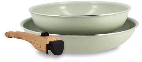 MENASTYL - Lot de 2 Poêles Amovibles Empilables 22 et 26 cm - Tous Feux Dont Induction - Revêtement Céramique Antiadhésif sans PFAS - Gamme Colorama - Couleur Céladon - 98% Aluminium Recyclé