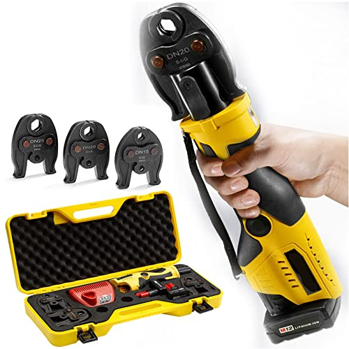 Pipe Press Tool Kit - Battery Powered Hydraulic Tool for 16-28.6mm Copper Pipes, Includes 2 x 12V Batteries and 3 Dies (DN15, DN20, DN25) - Professional Pressing Solution