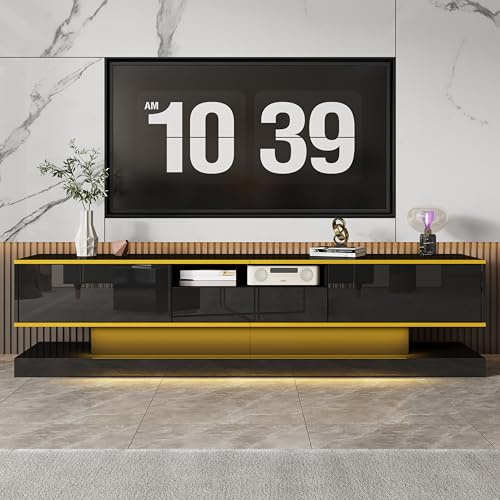 Rvjiahe Moderner TV-Schrank mit DREI Schubladen und einem offenen Fach - Hochglanz mit farbwechselnden LED-Leuchten, 180 * 38 * 45cm (Schwarz + Gold)