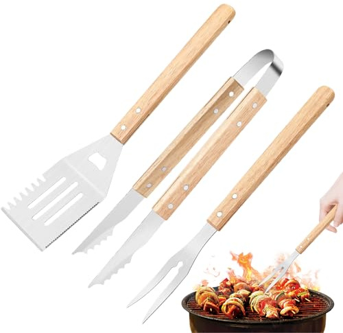 BommFu Set d'Ustensiles de Barbecue | 3 Pièces Ustensiles Extérieur pour Barbecue,Outils De Cuisine Résistants Hautes Températures avec Poignée en Bois Antidérapante pour Steak Burger Pizza Et