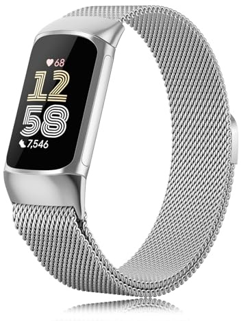 Tuocal Metallarmband, kompatibel mit Fitbit Charge 6/5, Armband für Damen und Herren, magnetisches Edelstahl-Sport-Mesh-Armband, verstellbares Armband, Ersatzband für Charge 5