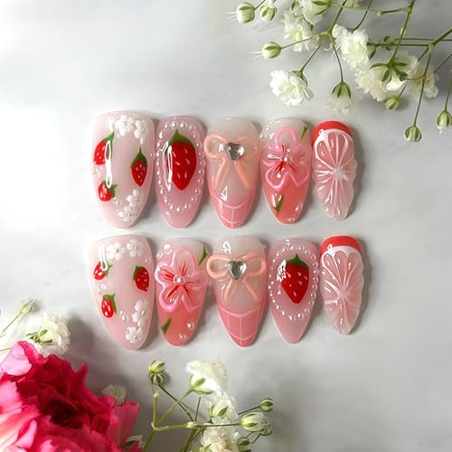 Shimmerz 24 Pieces Press On Nails Medium Almond Shape With 3D Bow And Fruit Design Hand-Painted Strawberry Lemon Reusable Artificial Nails For Ladies