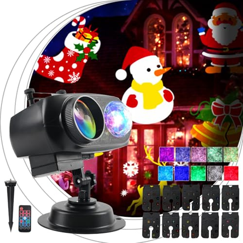 Christmas Halloween Projector Lights Outdoor with 10 Non-Fading Slides Patterns and 10 Ocean Waves, Remote Control Timer, IP44 Waterproof LED Landscape Light, for Xmas Halloween Party Decorations