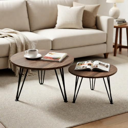 johgee 2 Stück Beistelltische Holz Rund, Couchtisch Rund Set, Sofatisch, Ø 50 cm und Ø 40 cm, Geeignet für Wohnzimmer Schlafzimmer, Walnus