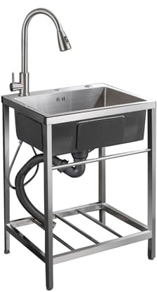 Genérico Fregadero Comercial de Acero Inoxidable - Fregadero Independiente para la preparación y el Servicio de Cocina, Ideal para lavandería, Garaje y Camping - Agua fría y Caliente, 65 x 45 cm