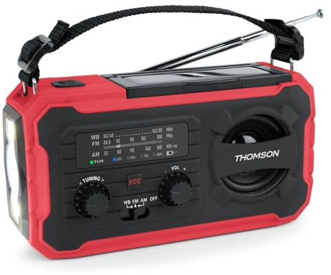 THOMSON Radio Solaire d’Urgence Portable, Survie Dynamo FM/AM, Lampe Torche LED, Alarme SOS, Batterie Rechargeable 4000mAh et Chargeur Téléphone USB-C, pour Camping, Secours - Rouge - RT280R