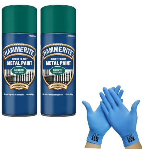 Hammerite Direct to Rust Metal Spray Paint Smooth Dark Green 400ml Twin Pack + Free Nitrile Gloves | Fast-Drying Aerosol, Durable Rust Protection for Indoor & Outdoor Metal
