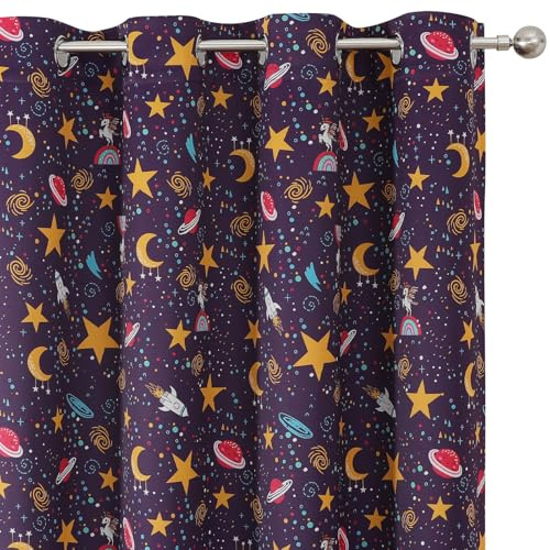 Estelar Textiler Purple Star & Moon Blackout Curtains 63 Inch Length for Princess Girls Bedroom, Unicorn Printed Thermal Insulated Room Darkening Grommet Window Drapes for Kids Room, 38Wx63L, 2 Panels