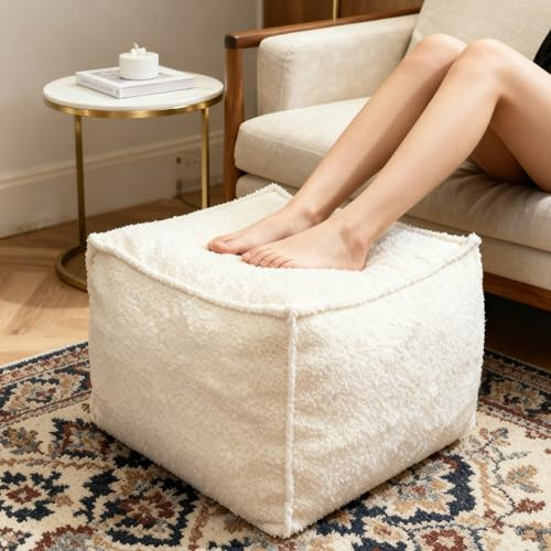 Kinevoli Square Boucle Pouf Ottoman Footrest, Soft & Lightweight Footstool with Foam Filling for Living Room & Bedroom, Laid-Back Lounge Style