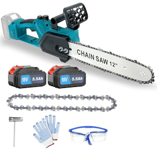 Tronçonneuse sans fil, tronçonneuse électrique 12 pouces avec 2 batteries de 5,5 Ah, compatible avec Makita, tronçonneuse portative 18 V avec chaînes, lunettes de protection et gants