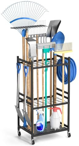 LLHONG Garden Tool Storage Rack, 35 Tools Slots, Garage Shelving Tool Rack | Tools Racks with 3 Removable Hooks | Multi-Tier Heavy-Duty Tool Organizer | with Wheels | for Garden Workshop Garage Sheds