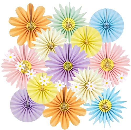 SUNBEAUTY 14 Stück Papier Fächer Dekoration Sanfte Farben Papierblumen zum aufhängen Hanging Girlande Blumen Papierfächer Deko Set für Gartenparty Hochzeit Geburtstag Tischdeko Classroom Baby Shower