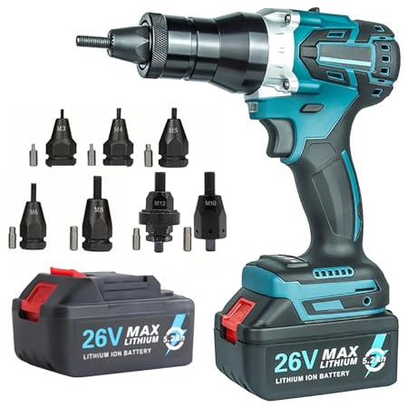 Remachadora inalámbrica para tuercas M3-M12, remachadora automática de 26 V para tuercas M3-M12, herramienta de remachado ciego portátil de 5200 mAh con batería y funda