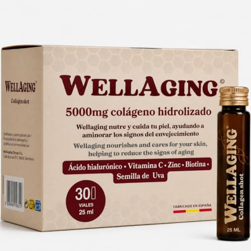 WellAging 30 Viales Colágeno Bovino Hidrolizado Tipo 1 5000 mg con Ácido Hialurónico, Vitamina C, Zinc y Biotina · Colageno Bebible Liquido · Piel, Cabello, Uñas y Articulaciones · Fabricado en España