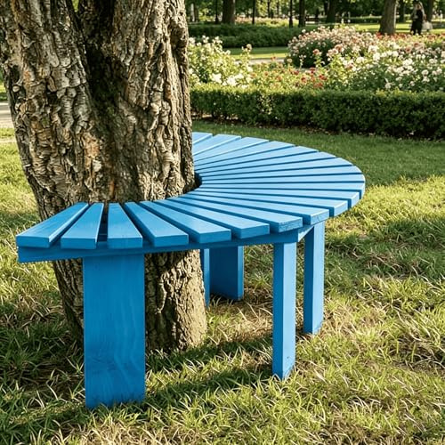 Halvcirkulär trädbänk, massivt trä utomhusstol, väderbeständig rund växtställning för trädgård och park, funktionell dekorativ fritidsstol