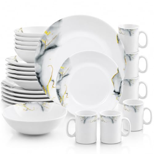 HOMSMYTH 24 Piece Opal Glass Dinner Set for 6 People, White Marble Dinnerware Set with Gold Accents, 11 Dinner Plates, 9 Soup Plates, 6.5 Cereal Bowls & 350ml Mugs, Microwave, Dishwasher (24 Pcs)