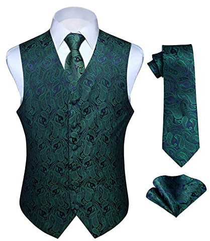 HISDERN Herren FLoral Hochzeit Weste Krawatte Einstecktuch Taschentuch Jacquard Weste Anzug Set