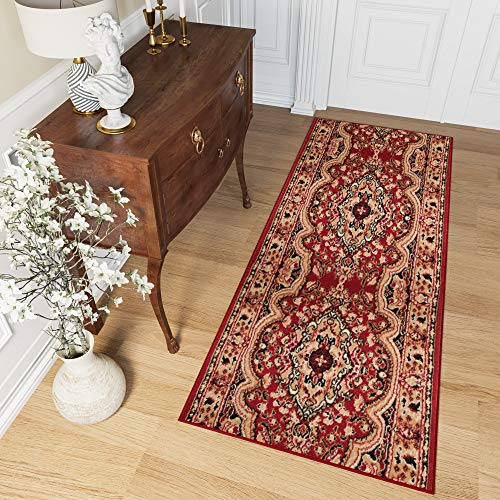 TAPISO Atlas Teppich Läufer Meterware Brücke Flur Kurzflor Küche Wohnzimmer Klassisch Floral Streifen Rot Beige Schlafzimmer ÖKOTEX 60 x 250 cm