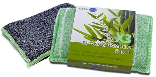 Strapure Éponge en Microfibre de Bambou x3 - Éponge Réutilisable et Durable, ne Laisse Pas de Traces, Lavable en Machine - Lavette Double-Face, Face Grattante Graisse Tenace - 14x10cm, Pack de 3