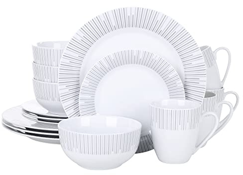 VEWEET Geschirrset 4 Personen, 16-tlg. Porzellan Tafelservice, Modernes Kombiservice mit Speisetellern, Desserttellern, Müslischalen & Kaffeebechern, Spülmaschinen- & Mikrowellengeeignet, Serie FRAME