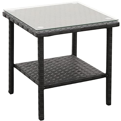 Rattaner Outdoor PE Wicker Rattan Side Table - Patio Rattan Garden Coffee End Square Table with Glass Top-2-layer Table Furniture, Black