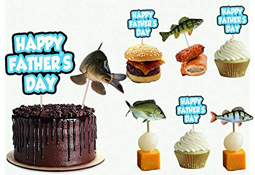 AK Giftshop Fathers Day Food & Cupcake Toppers Picks Sticks Decorations - Fish Fishing Themed (pack of 14)