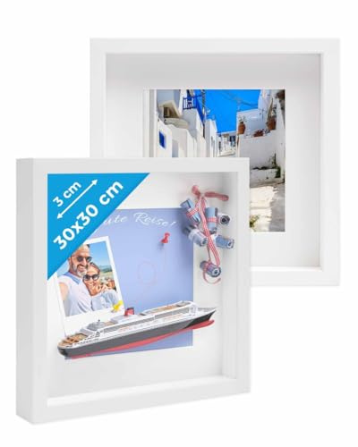 PHOTOLINI 3D Bilderrahmen zum Befüllen 30x30 Weiß groß, 3 cm tiefer Objektrahmen mit Glas, 2X tiefer Bilderrahmen 30x30 Holz MDF mit Passepartout, Dicker 3D Rahmen befüllbar für Gegenstände