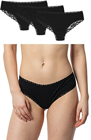 Snocks Brazilian Slip mit Spitze Damen aus Bio-Baumwolle (3er Pack) - Damenunterwäsche mit Perfekter Passform und angenehmem Tragegefühl - Klassisches Unterwäsche Frauen Gr.L, Farbe Schwarz