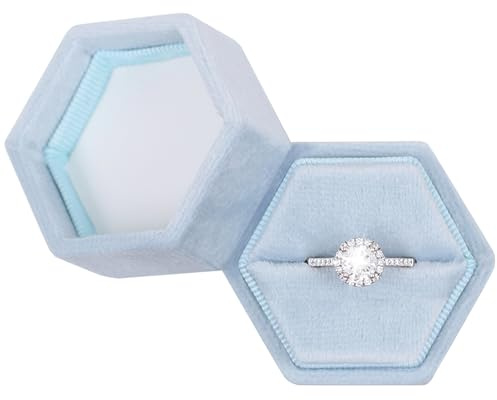 Sechseckige Samt-Schmuckbox für Schmuck, Ringschachtel für Verlobung, Hochzeit, Andenken, Brautfotoring, Himmelblau