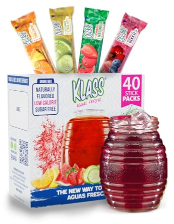 Klass Aguas Frescas On-The-Go Drink Mix Variety Pack Cucumber Limeade , Strawberry Watermelon , Hibiscus Berries & Pineapple Tangerine, Zero Sugar! (40 Count Powder Stick Packs) 5 Calories Per Packet, Natural Flavors