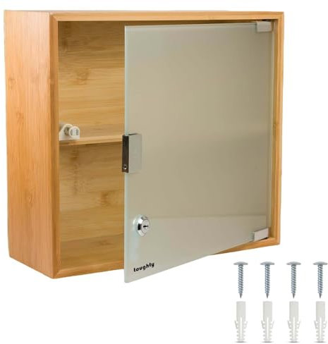 Toughty Medizinschrank aus Bambus, abschließbar, Wandhalterung, abschließbar, mit Schlüsselschloss, sicherer, langlebiger Organizer für Medikamente, Erste Hilfe und Zubehör, für Badezimmer oder