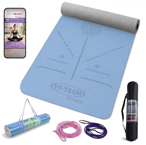 FP-TECH TAPPETINO DA YOGA IMBOTTITO ANTISCIVOLO FITNESS PILATES GINNASTICA IN TPE MAT CON SACCA 183 X 68 X 0.8 CM (Azzurro-Grigio)
